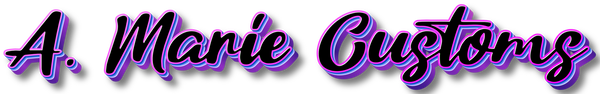 Neon purple 'A. Marie Customs' logo on a white background