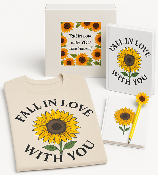 Product set with t-shirt, cards, and pen featuring sunflower design and 'Fall in Love with You' text.
